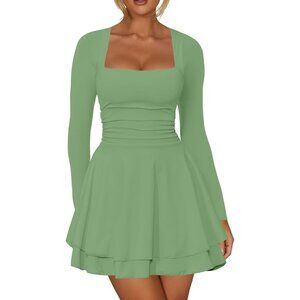 Women's Pea Green Square Neck Ruched Waist Long Sleeve Ruffle Hem Mini Dress